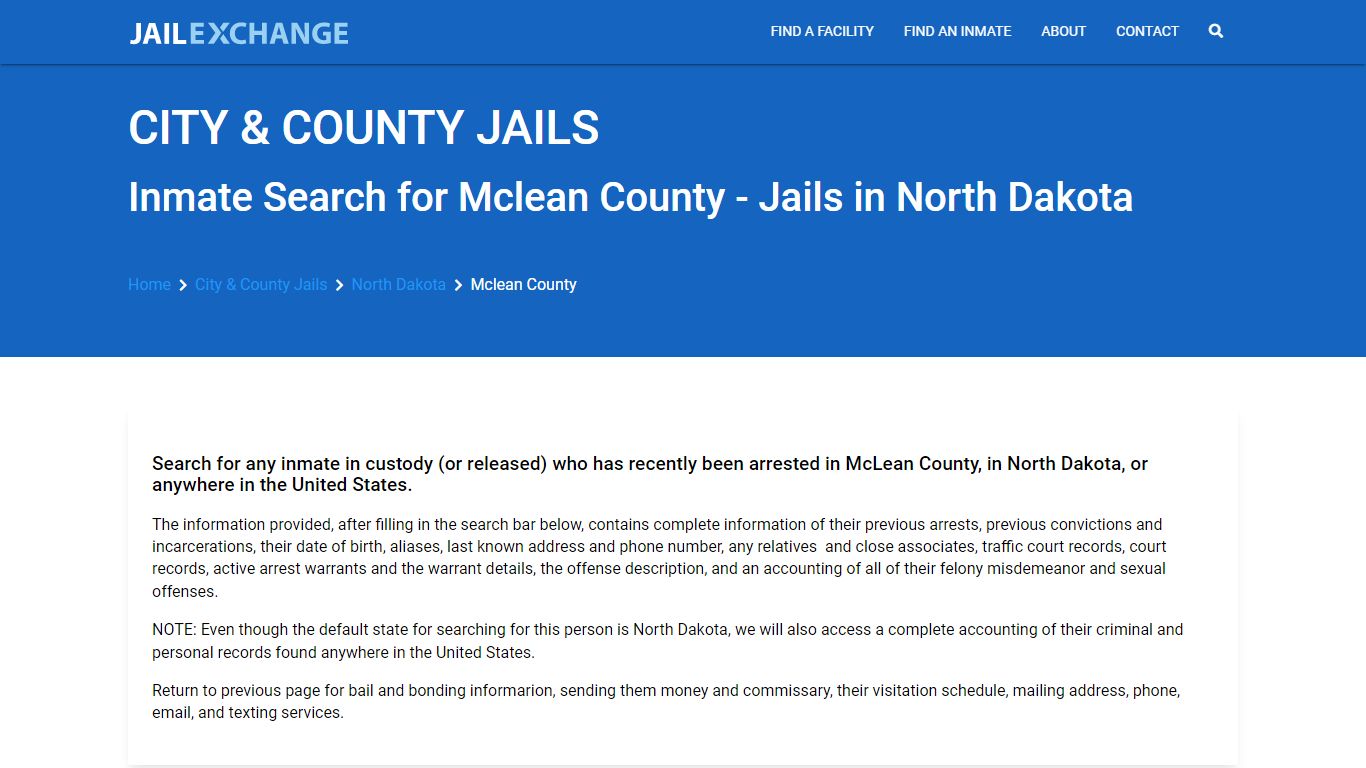 Locate an inmate in Mclean County, North Dakota - Jail Exchange